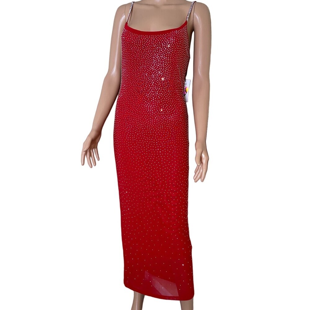 Iris Maxi Dress Formal/Semi Formal Rhinestone Red/Silver Bodycon Stretch New Md — image 2 of 8